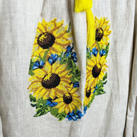 Needlepoint Yellow Sunflower Peasant Blouse Womens 46/XL Drawstring Neckline - Picture 4 of 12